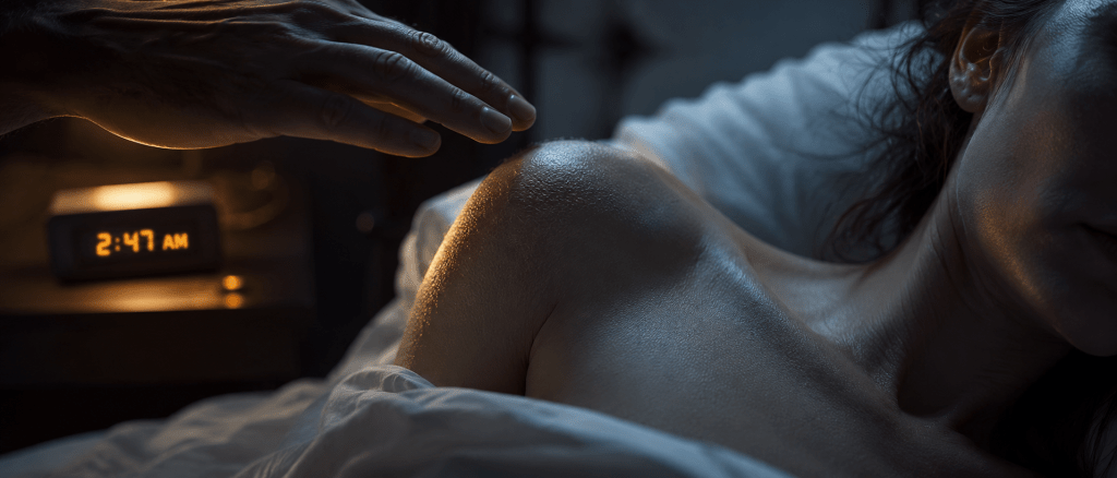 Woman's shoulder showing goosebumps as partner's hand hovers above without touching illustrating the freeze response during physical intimacy after betrayal trauma