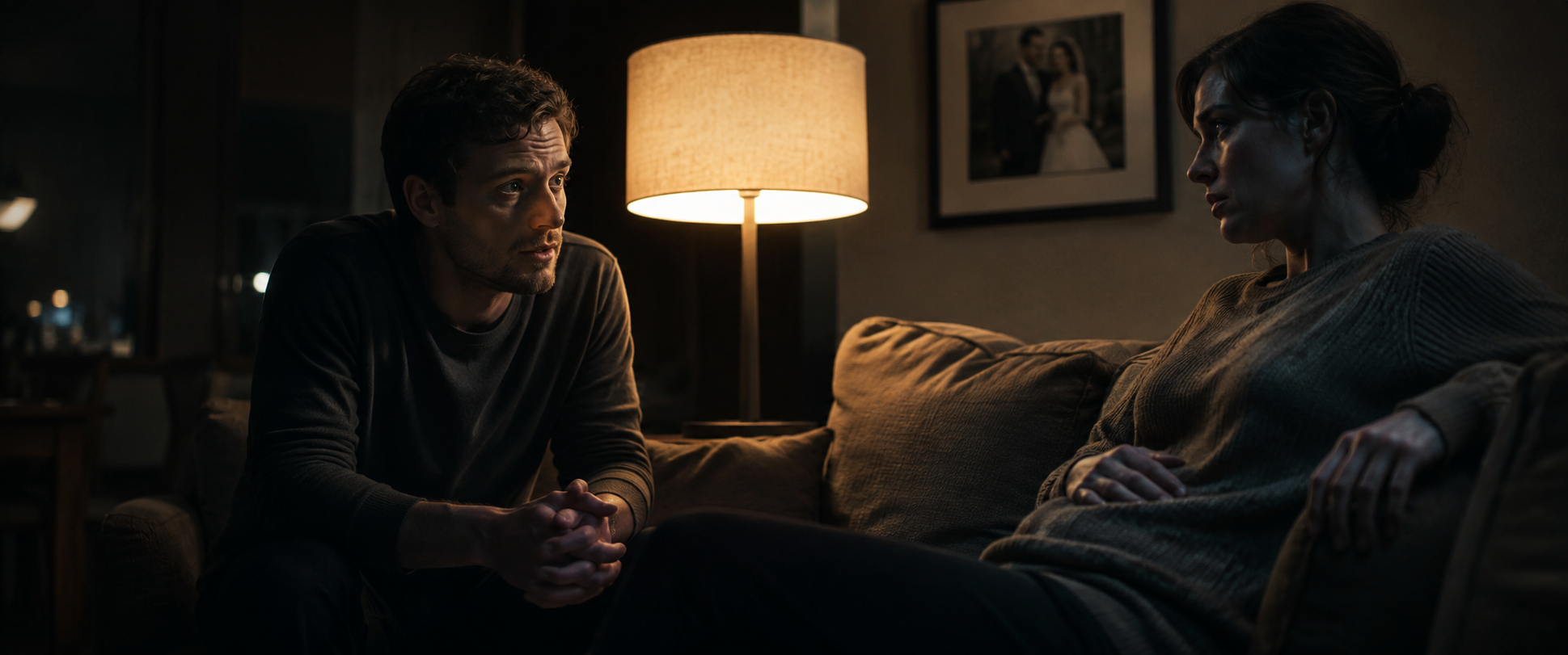 Woman studying her partner with hand on stomach while he leans forward apologizing on a couch illustrating the difference between genuine remorse and damage control after infidelity